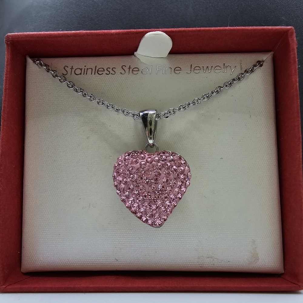NWT Creoh Stainless Steel Pink Rhinestone Heart Pendant Necklace | Boxed
